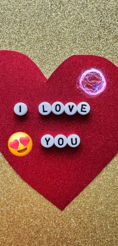 Red heart with 'I Love You' message on golden background.