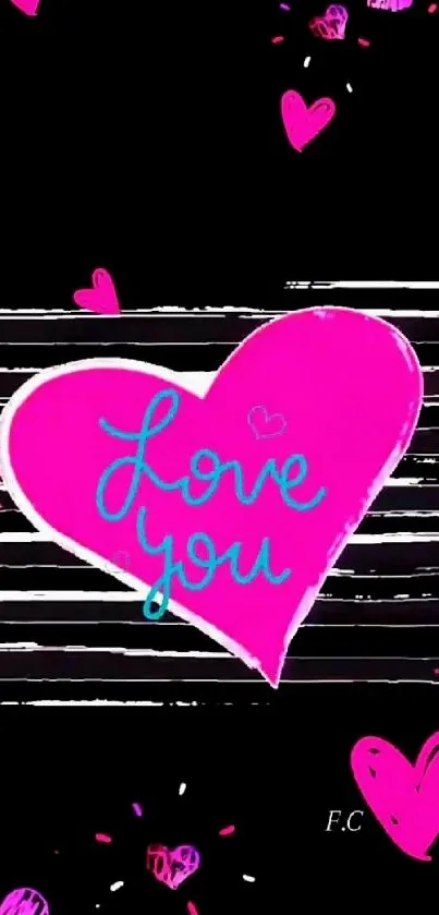 Bright pink heart 'Love You' design on black background wallpaper.