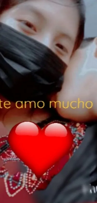 Romantic mobile wallpaper with a heart and 'te amo mucho' message.