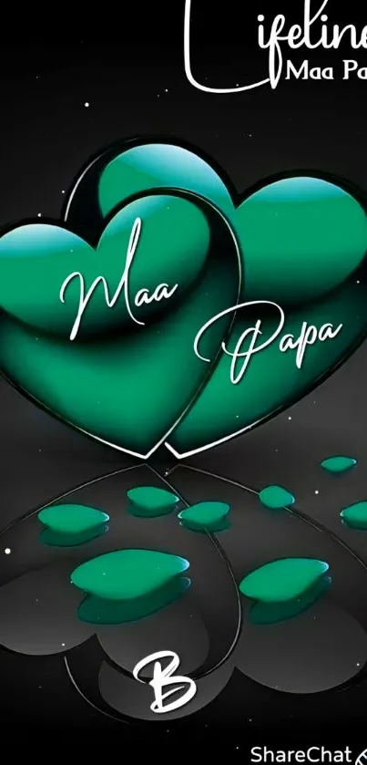 Emerald green heart-shaped 'Maa Papa' mobile wallpaper with reflections.