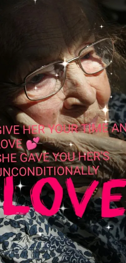 Elderly woman contemplating love message on mobile wallpaper.