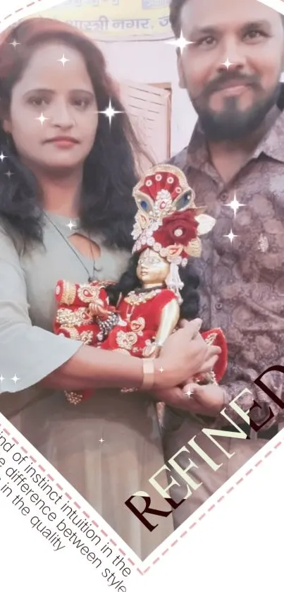 Couple holding a Krishna idol with love and devotion.