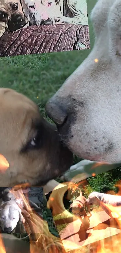 Two dogs share a touching moment in a collage with nature elements.