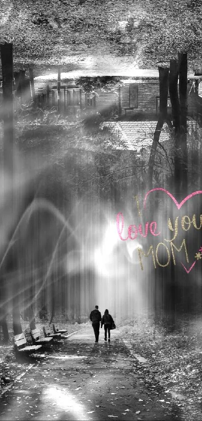 Monochrome forest scene with 'love you mom' heart.