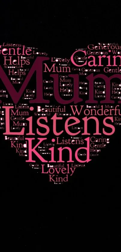 Heart-shaped word art design for mum in pink and black.