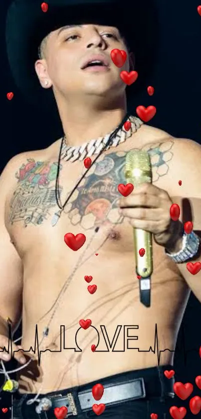 Tattooed singer with red hearts and 'LOVE' on a vibrant wallpaper.