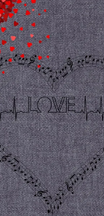 Gray wallpaper with heart and musical notes design, accented with red hearts.