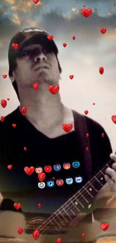 Pensive musician with guitar amidst floating hearts, set against a cloudy background.