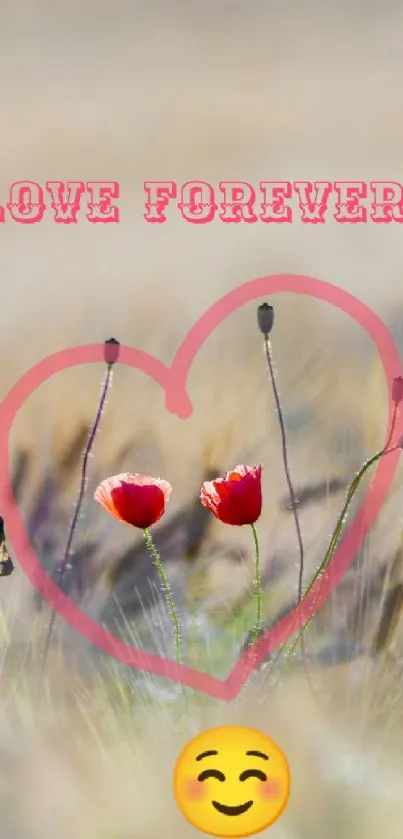 Heart-shaped frame around poppies with smiley emoticon on a beige background.