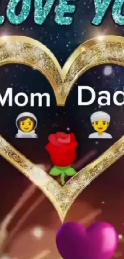 Golden heart with 'Mom Dad' text and emojis on starry background.