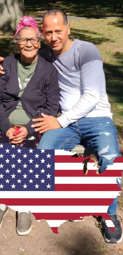 Two people sitting on a park bench under trees with a USA flag overlay.