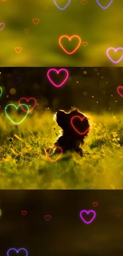 A glowing puppy silhouette with colorful hearts on a nature background.