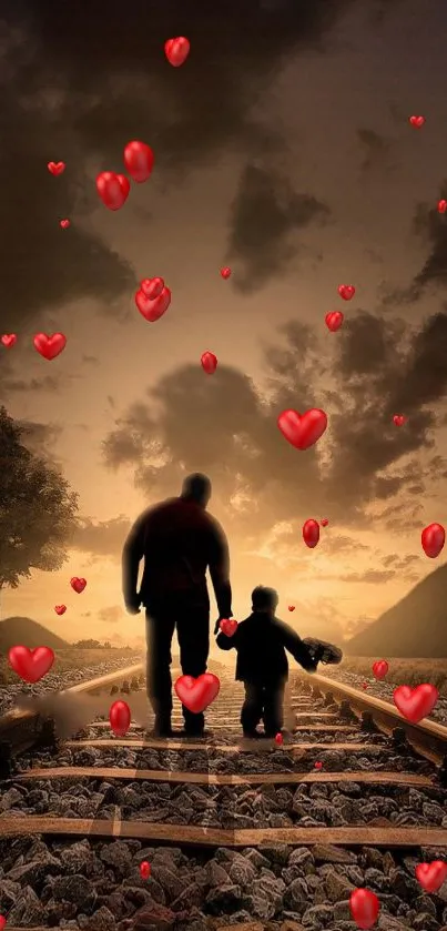Father and child silhouette with hearts at sunset on railway.