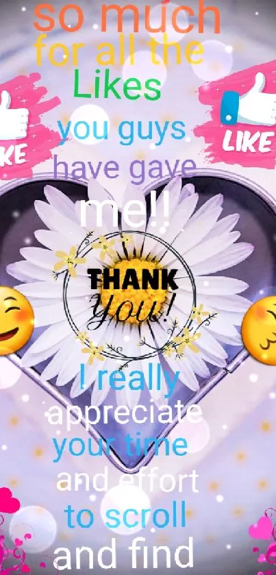 Heartfelt thank you wallpaper with emojis and flowers in vibrant colors.