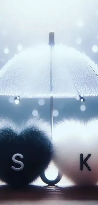 Romantic wallpaper of fluffy hearts under a glowing umbrella.