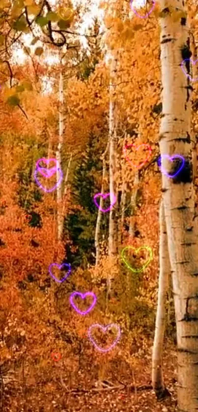 Colorful autumn forest with heart shapes enhancing nature's beauty.