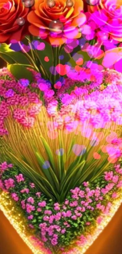 Heart-shaped floral design with roses and bright pink petals.