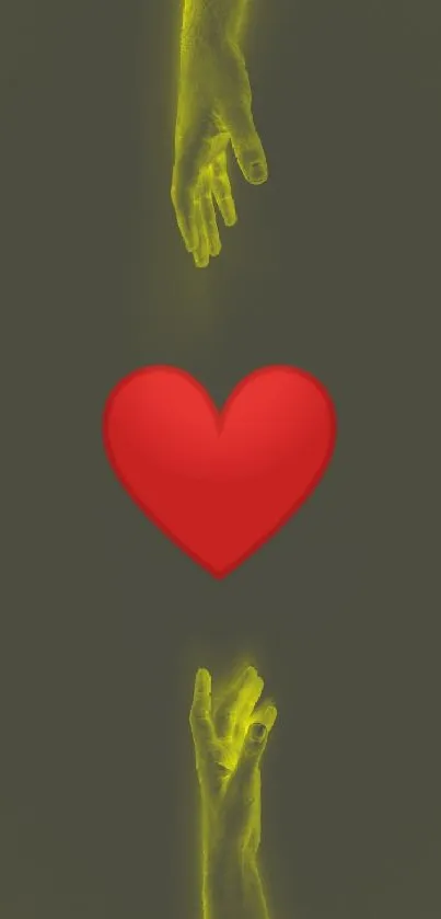 Glowing hands reaching for a red heart wallpaper.