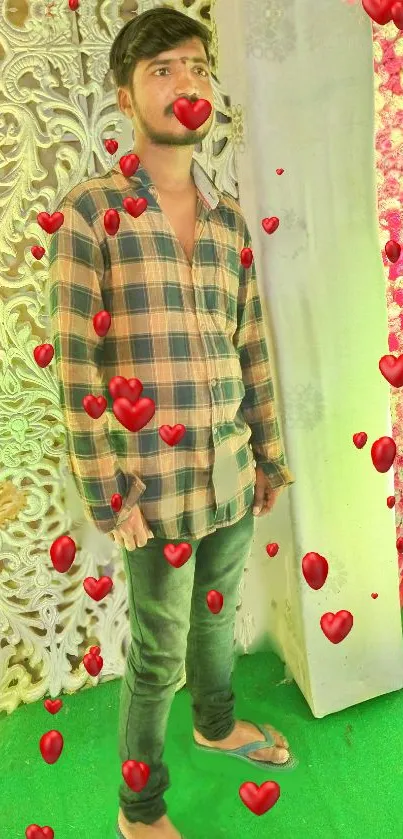 Plaid-wearing person surrounded by red hearts on vibrant background.