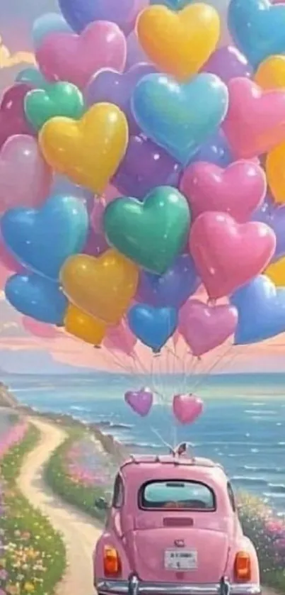 Pink car with heart balloons over a coastal path.
