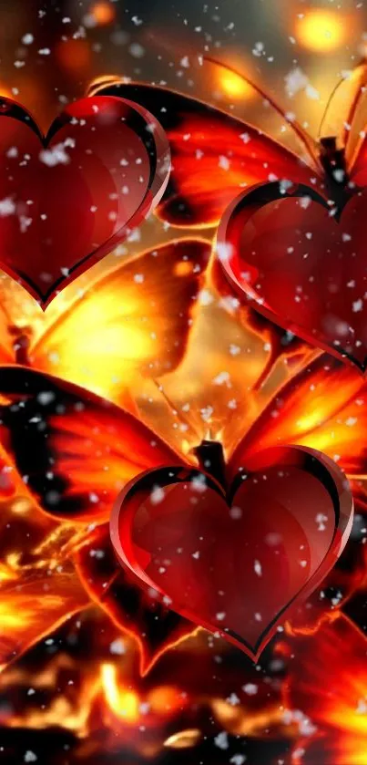 Fiery butterflies and hearts wallpaper with snowflakes.