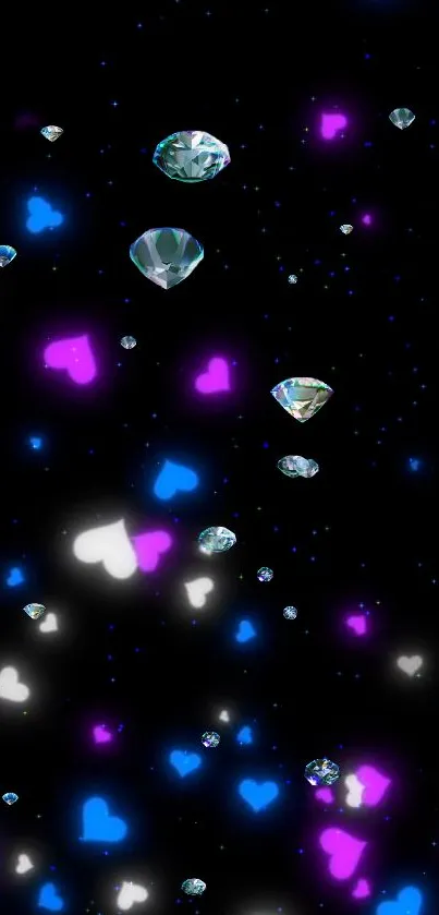 Neon hearts and diamonds on black wallpaper.