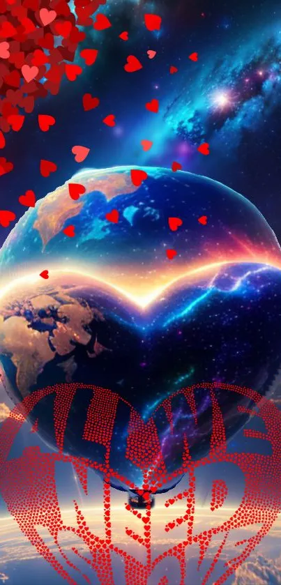 Heart-shaped Earth with red hearts in a cosmic galaxy wallpaper.