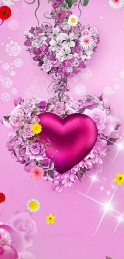 Pink heart and floral mobile wallpaper with elegant design.