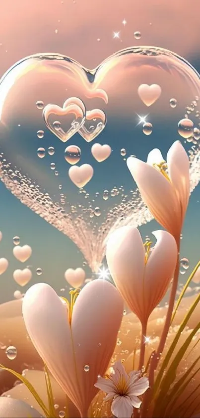 Heart-shaped bubble with flowers on soft pink background.