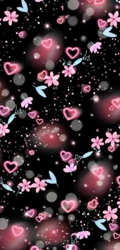 Mobile wallpaper with pink hearts, flowers on black background.