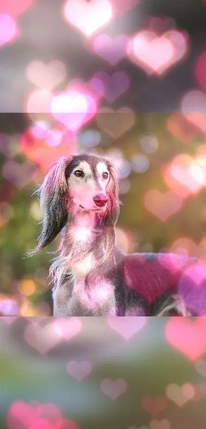 Dog with pink heart bokeh background in artistic display.