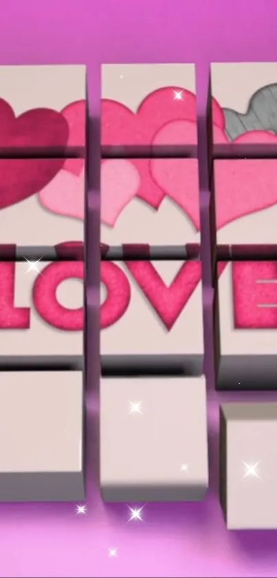 Romantic mobile wallpaper featuring pink hearts and love text blocks.