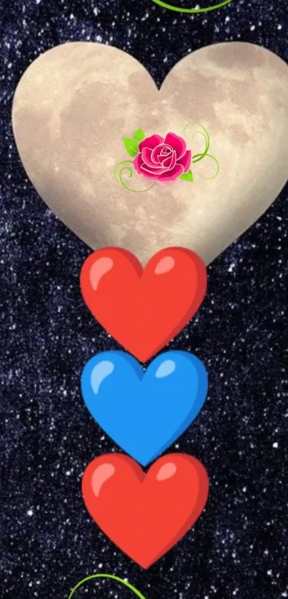 Heart-shaped moon with colorful hearts.