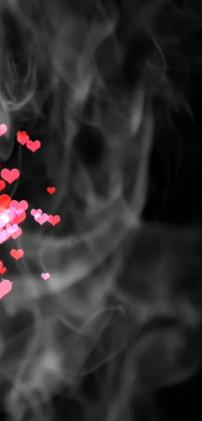 Hearts and smoke blend on dark background, vibrant and abstract.