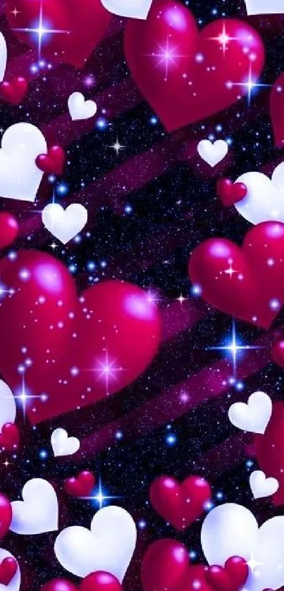 Magenta and white hearts with stars on galaxy background.