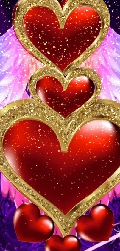 Red hearts and golden details with pink wings on a colorful background.