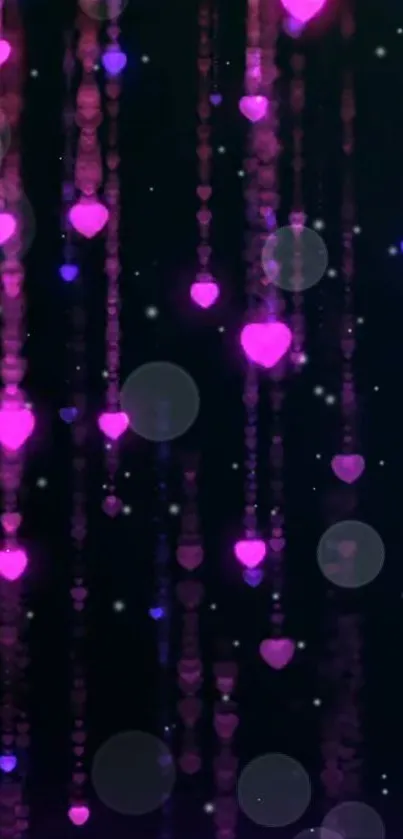 Glowing pink hearts on dark background wallpaper.