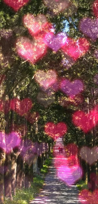 Romantic wallpaper with pink hearts over a forest pathway.