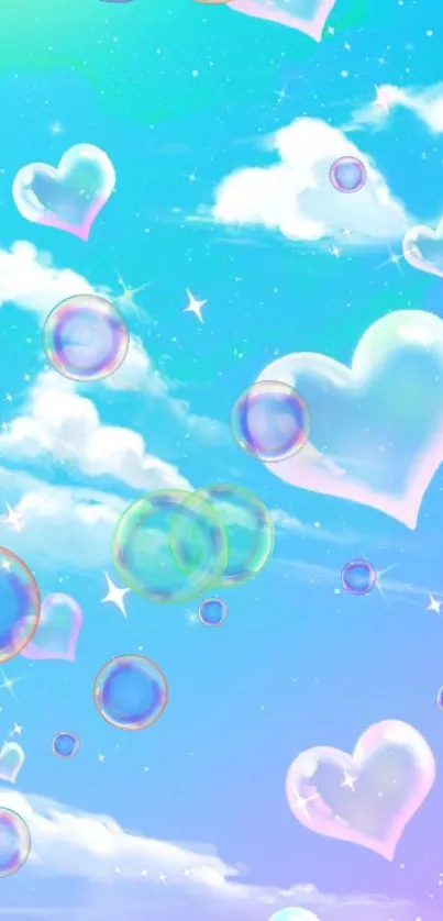 Floating hearts and clouds in a blue sky wallpaper.