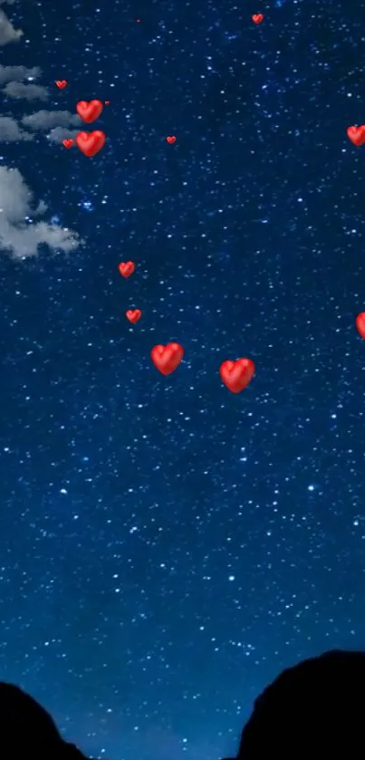 Starry night sky with red hearts floating gracefully.