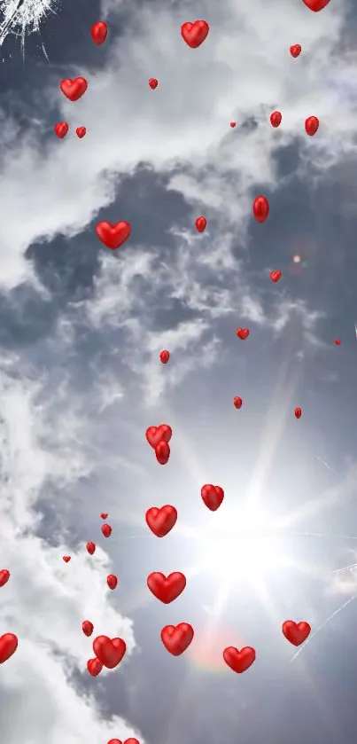 Floating red hearts in a sunlit sky with clouds.