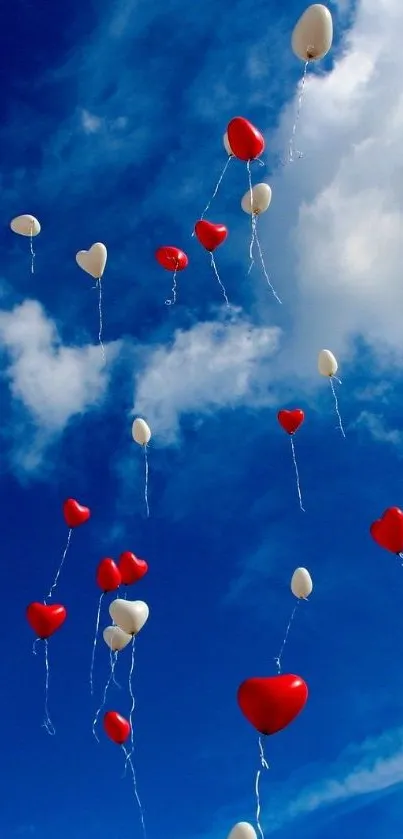 Heart-shaped balloons in a vibrant blue sky wallpaper.