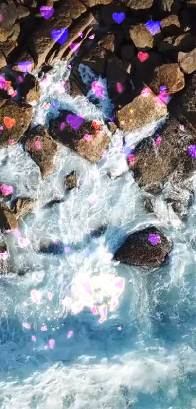 Aerial view of rocky shore with colorful hearts and waves.