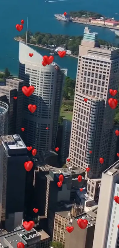 City skyline with floating red hearts above buildings.