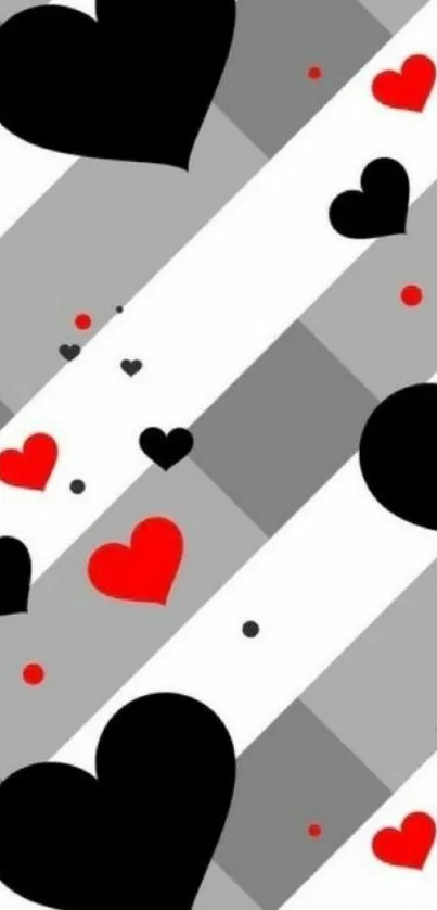 Stylish hearts pattern in black, red, and grey for phone wallpaper.