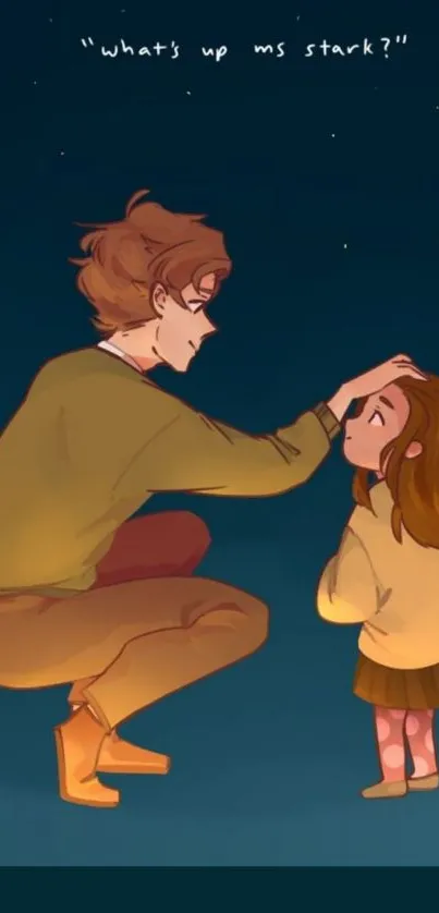 Animated scene of a gentle interaction under starlit sky.