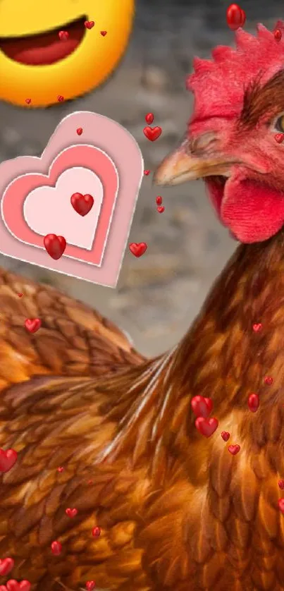 Charming chicken surrounded by red hearts and a smiley.