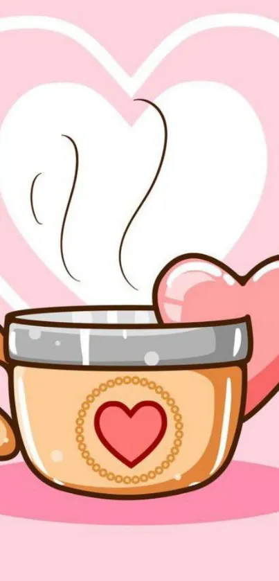 Cute coffee cup with heart design on pink background.