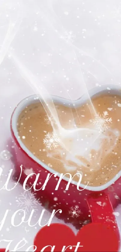 Heart-shaped red coffee cup with snowflakes and steam on white background.