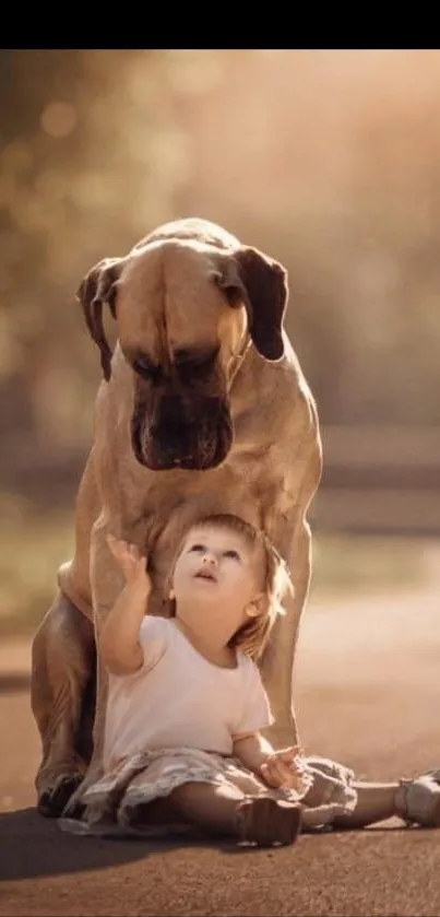 A baby and large dog share a serene, heartwarming moment on a sunlit path.